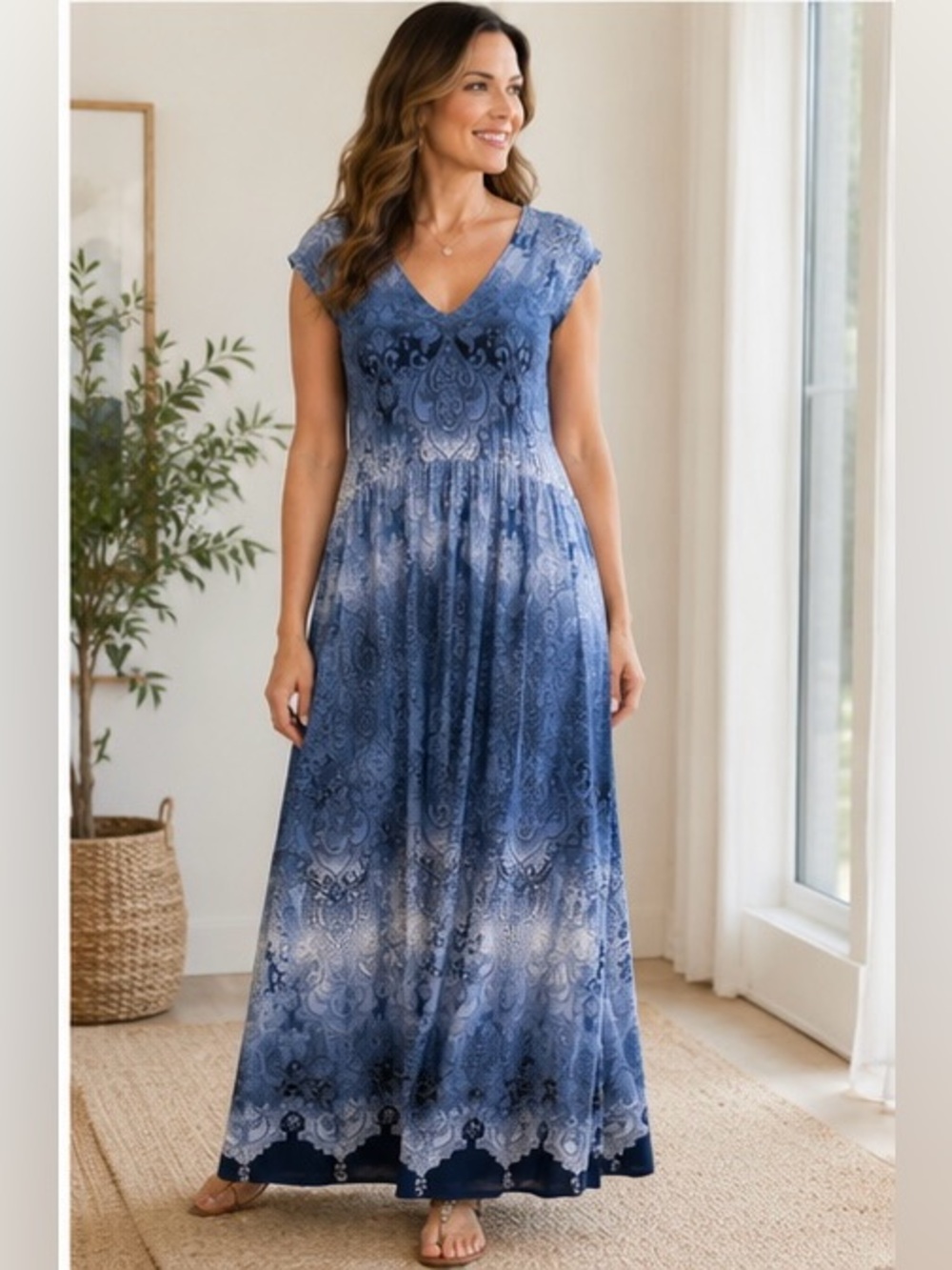 Chico’s Size 3 XL Maxi Dress Blue Paisley V Neck Boho Stretch Resort Casual
